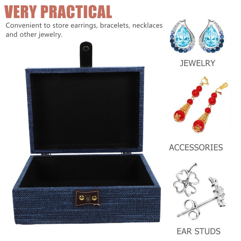 Large Blue Linen Texture Wooden Jewelry Box Organizer with Lid for Bracelets Storage - Image 4