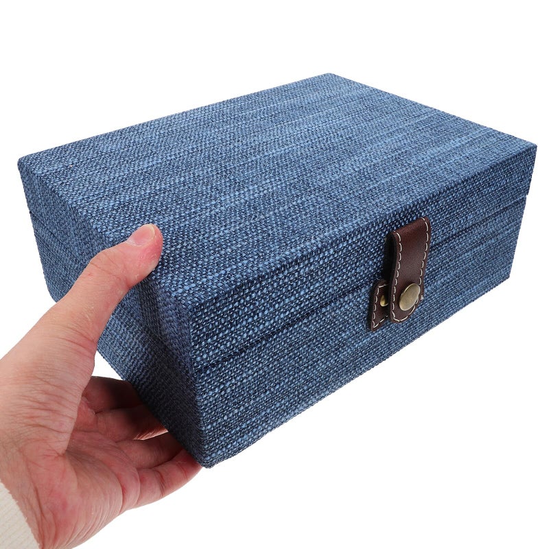 Large Blue Linen Texture Wooden Jewelry Box Organizer with Lid for Bracelets Storage - Image 5