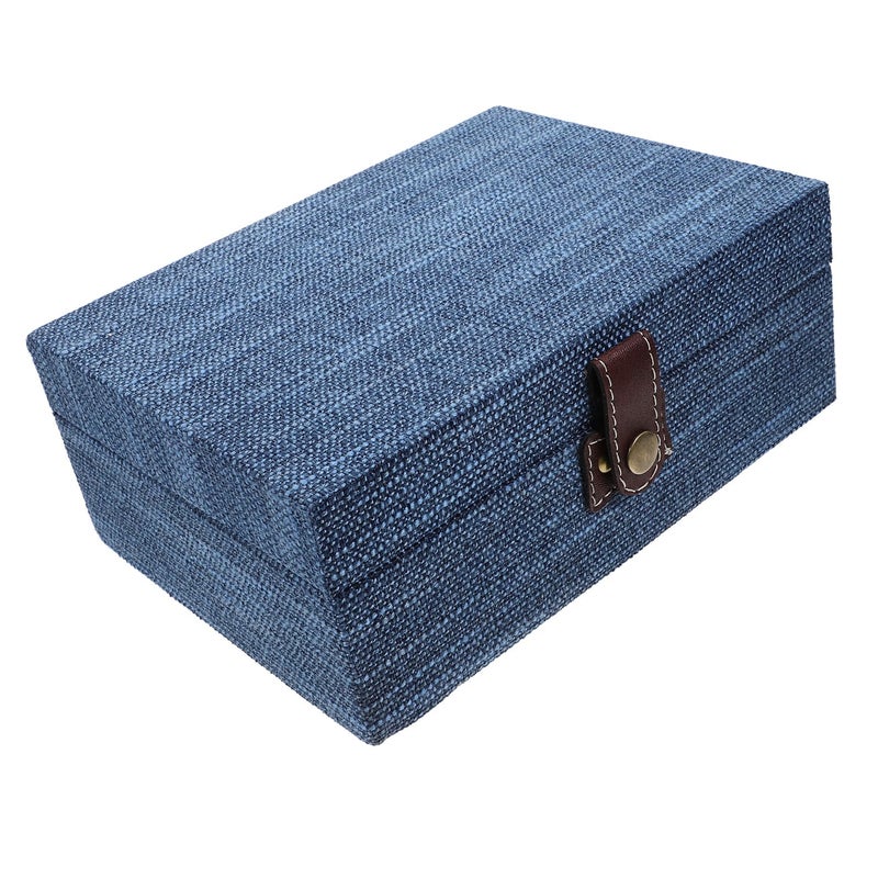 Large Blue Linen Texture Wooden Jewelry Box Organizer with Lid for Bracelets Storage - Image 2