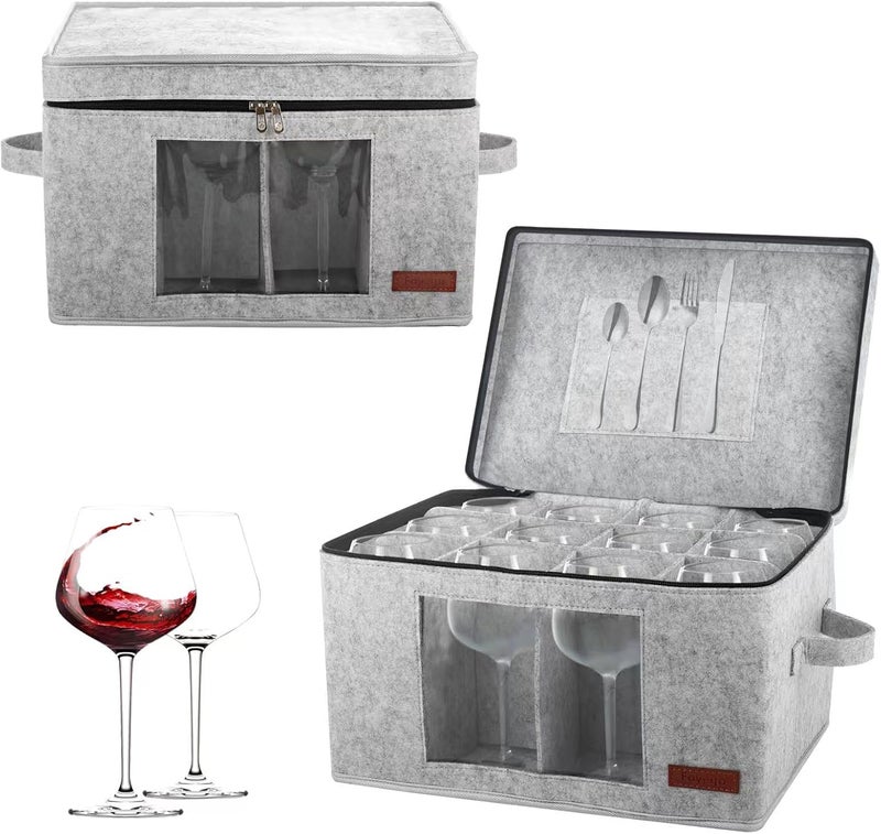 Foyego 2 Pack Wine Glass Storage Box with Dividers, Stemware Storage Containers for Packing and Moving, China Storage Containers Box for 12 Crystal Glassware, Wine Glasses, Drinkware,Light Gray - Image 1