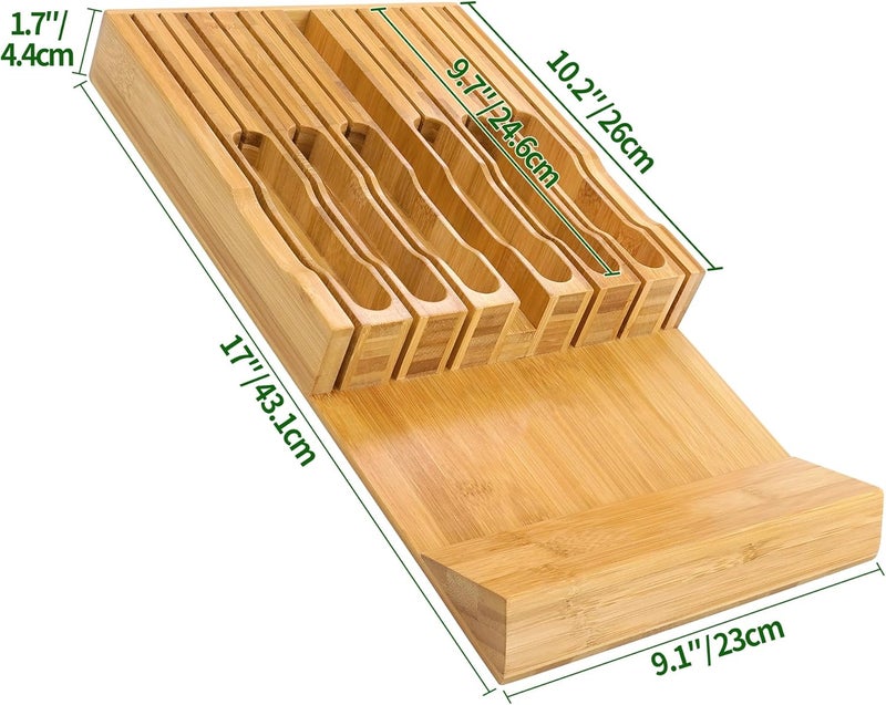 VaeFae Bamboo Knife Drawer Organizer, Knife Drawer Organizer Insert, Kitchen Drawer Knife Block for 12 Knives and a PLUS Slot for your Knife Sharpener (Without Knives) - Image 3