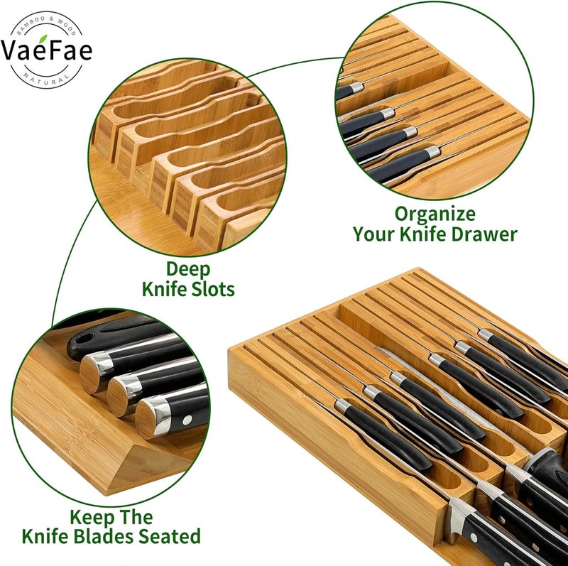 VaeFae Bamboo Knife Drawer Organizer, Knife Drawer Organizer Insert, Kitchen Drawer Knife Block for 12 Knives and a PLUS Slot for your Knife Sharpener (Without Knives) - Image 4