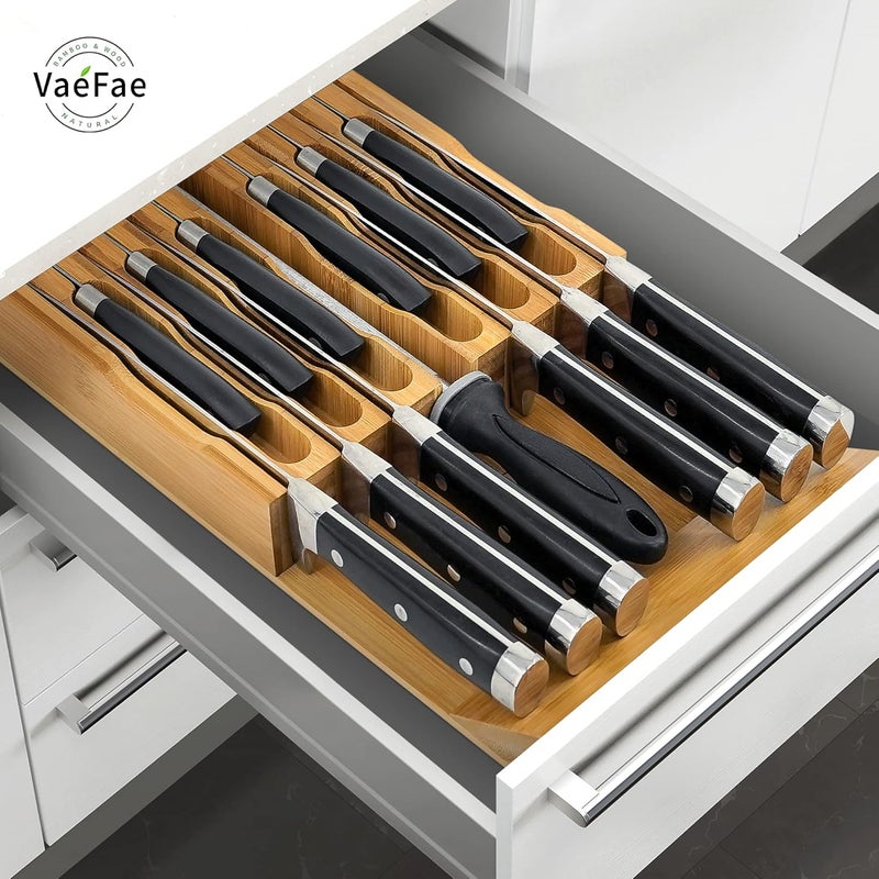 VaeFae Bamboo Knife Drawer Organizer, Knife Drawer Organizer Insert, Kitchen Drawer Knife Block for 12 Knives and a PLUS Slot for your Knife Sharpener (Without Knives) - Image 5