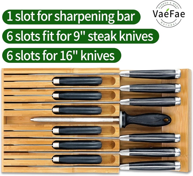 VaeFae Bamboo Knife Drawer Organizer, Knife Drawer Organizer Insert, Kitchen Drawer Knife Block for 12 Knives and a PLUS Slot for your Knife Sharpener (Without Knives) - Image 2