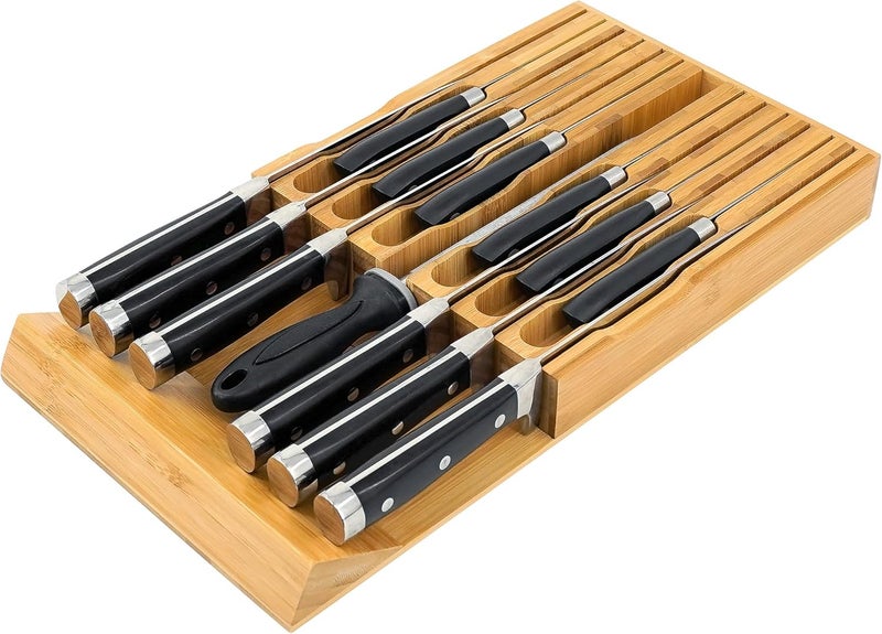 VaeFae Bamboo Knife Drawer Organizer, Knife Drawer Organizer Insert, Kitchen Drawer Knife Block for 12 Knives and a PLUS Slot for your Knife Sharpener (Without Knives) - Image 1