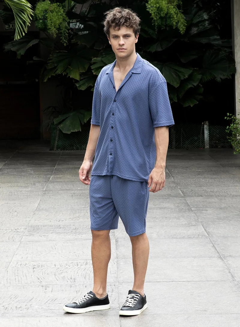 Campus Sutra Men's Lapis Blue Trellis-Textured Relaxed Co-Ord Set For Casual Wear | Cuban Collar | Short Sleeve | Button Closure | Co-Ords Crafted With Comfort Fit For Everyday Wear