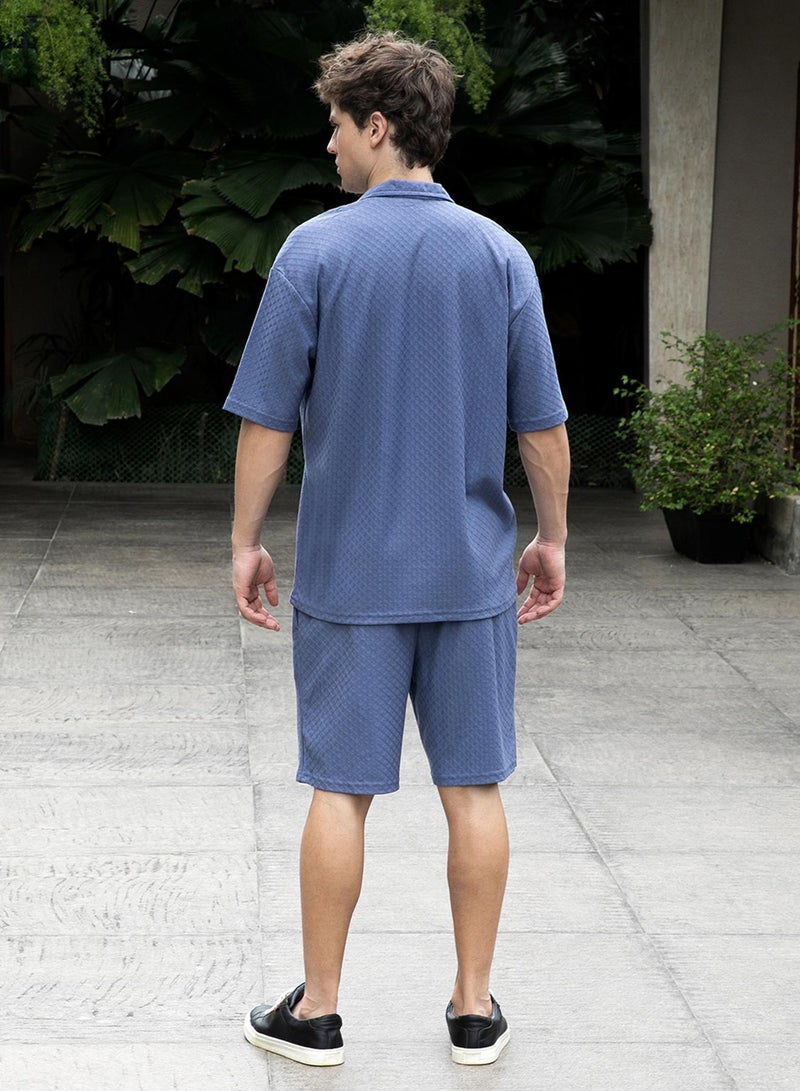 Campus Sutra Men's Lapis Blue Trellis-Textured Relaxed Co-Ord Set - Image 3