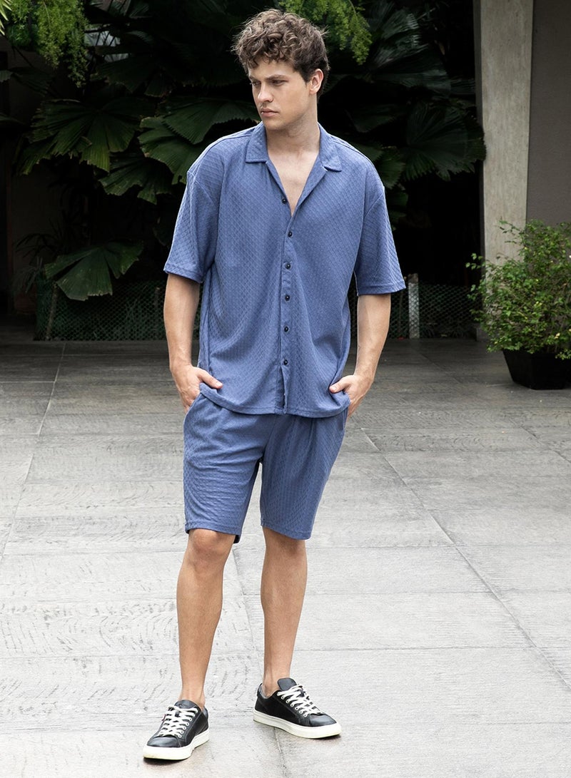 Campus Sutra Men's Lapis Blue Trellis-Textured Relaxed Co-Ord Set - Image 5