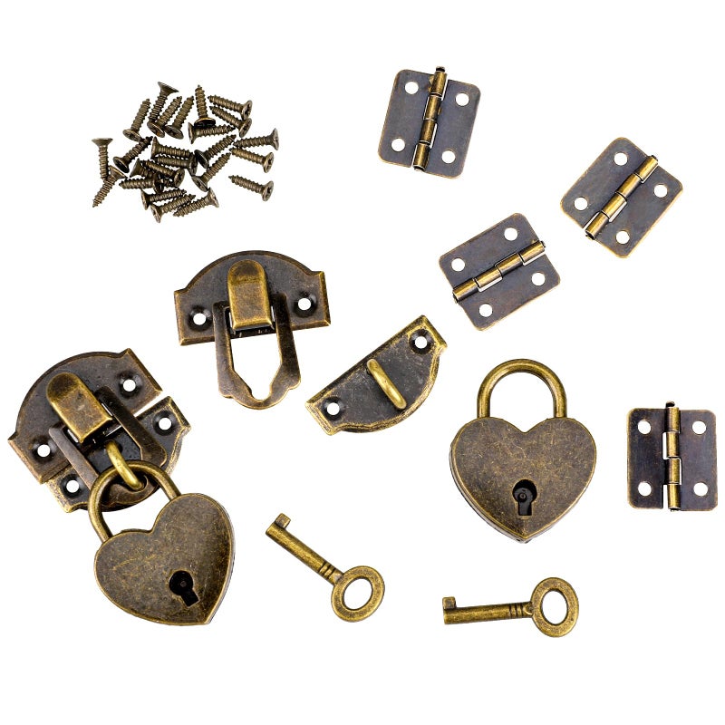 Sliverdew 2 Set Antique Bronze Hasp Latch 27 X 30 mm Hasp Latch Mini Box Hinges and Love Locks with Keys Decorative Lock Buckle with Screws for Jewelry Wooden Box and DIY Crafts - Image 1