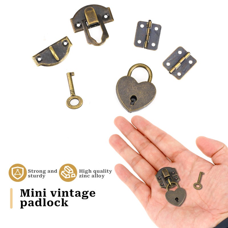 Sliverdew 2 Set Antique Bronze Hasp Latch 27 X 30 mm Hasp Latch Mini Box Hinges and Love Locks with Keys Decorative Lock Buckle with Screws for Jewelry Wooden Box and DIY Crafts - Image 4