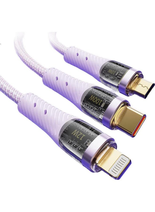 Rock Data Cable Three-In Charging Cable 100W For Apple 16 Pro Max/15, Pd Fast Charging, One-To Car Power Cord, Type-C/Usb Laptop Charger For Huawei, Android - Image 3