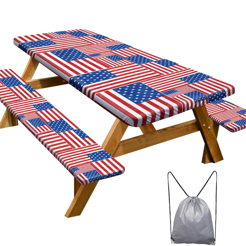 Play Tailor Picnic Table Cover with Bench Covers Camping Essentials Waterproof Windproof Camping Tablecloth with Drawstring Bag  Fitted Rectangle Tables and Seats  72in  Red Blue White - Image 1