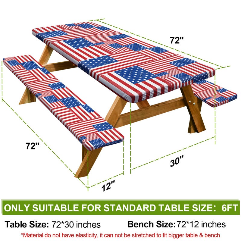 Play Tailor Picnic Table Cover with Bench Covers Camping Essentials Waterproof Windproof Camping Tablecloth with Drawstring Bag  Fitted Rectangle Tables and Seats  72in  Red Blue White - Image 2