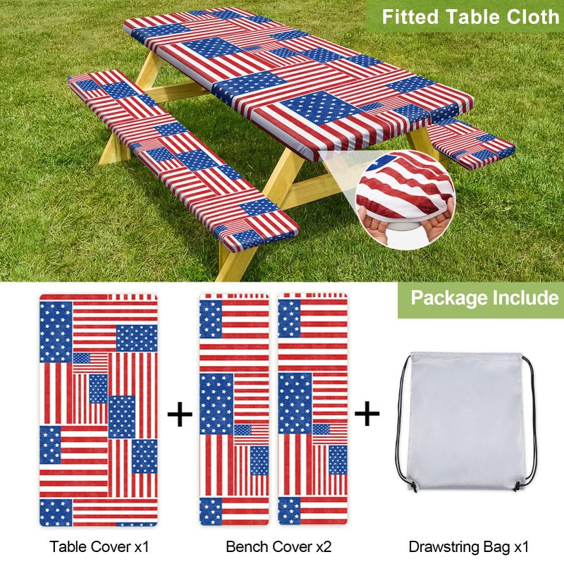 Play Tailor Picnic Table Cover with Bench Covers Camping Essentials Waterproof Windproof Camping Tablecloth with Drawstring Bag  Fitted Rectangle Tables and Seats  72in  Red Blue White - Image 4