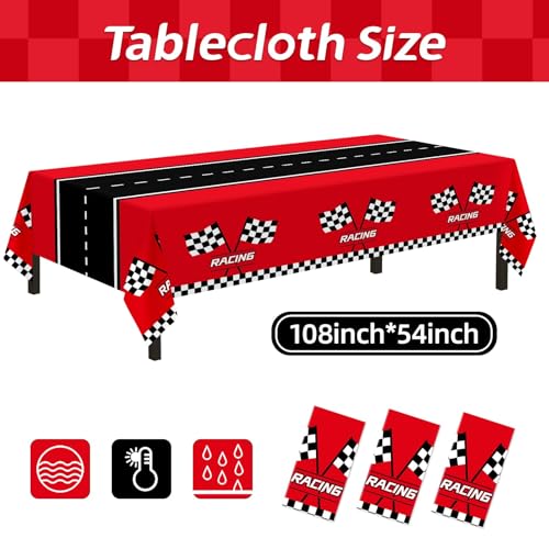 Childom 3Pcs Racing Car Plastic Tablecloth, Race Birthday Party Decorations, 54'' x 108'' Checkered Table Cloth Decor, Favors Rectangular Tablecloth for Boys Baby Shower Home - Image 2