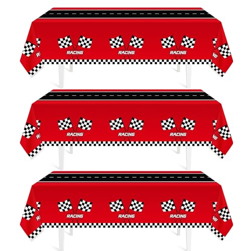 Childom 3Pcs Racing Car Plastic Tablecloth, Race Birthday Party Decorations, 54'' x 108'' Checkered Table Cloth Decor, Favors Rectangular Tablecloth for Boys Baby Shower Home - Image 1