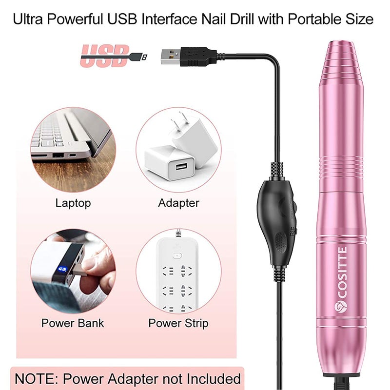 COSITTE Electric Nail Drill,USB Electric Nail Drill Machine for Acrylic Nail Kit,Portable Electric Nail File Polishing Tool Manicure Pedicure Kit Efile Nail Supplies for Home Salon,Pink - Image 2