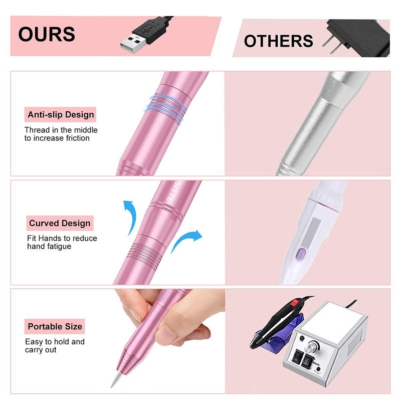 COSITTE Electric Nail Drill,USB Electric Nail Drill Machine for Acrylic Nail Kit,Portable Electric Nail File Polishing Tool Manicure Pedicure Kit Efile Nail Supplies for Home Salon,Pink - Image 3