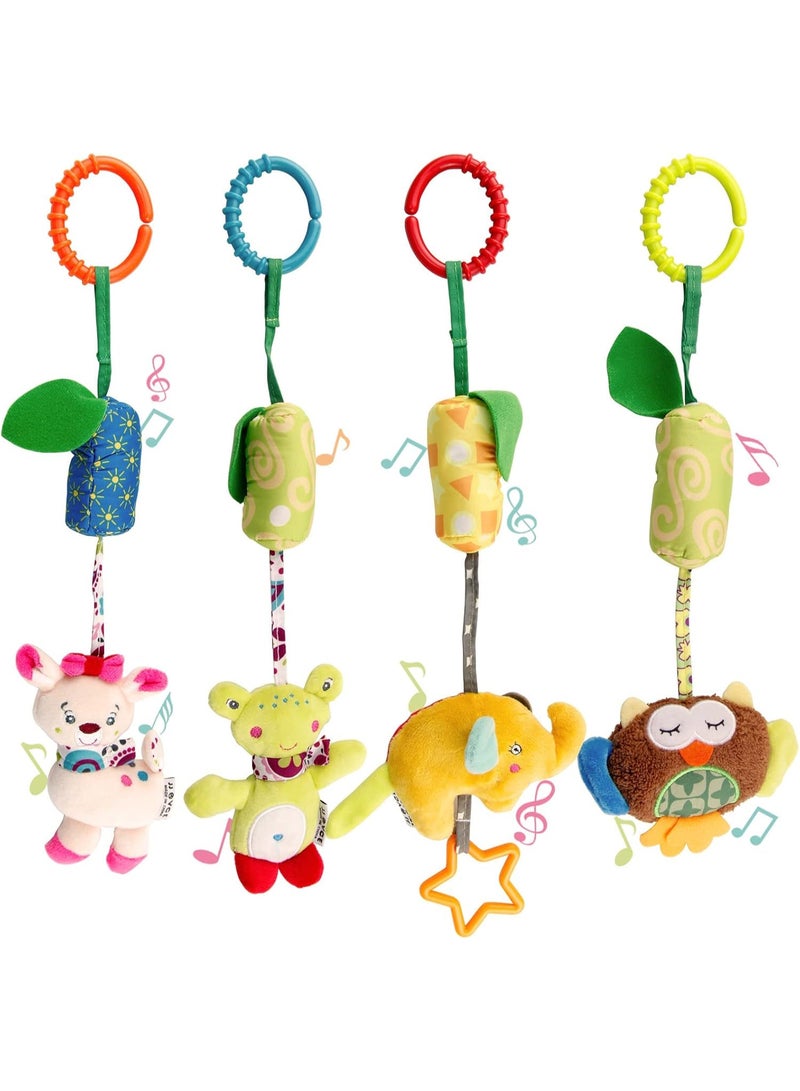 NQOOH Baby Hanging Rattle Toys – 4 Soft Plush Animal Crib and Stroller Toys with Bell Sounds, Clip-On for Car Seat, Developmental Sensory Toys for Newborns 0-12 Months - Image 1