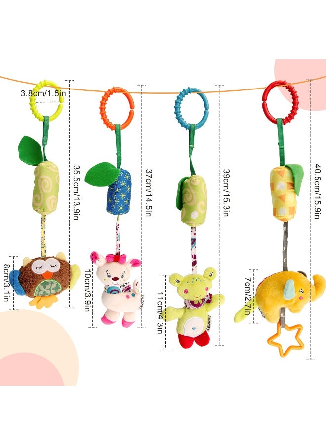 NQOOH Baby Hanging Rattle Toys – 4 Soft Plush Animal Crib and Stroller Toys with Bell Sounds, Clip-On for Car Seat, Developmental Sensory Toys for Newborns 0-12 Months - Image 2