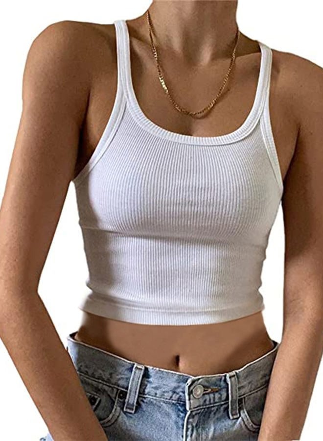 KAMISSY Women Basic Crew Neck Crop Tank Top Solid Rib-Knit Binding Crop Top, White, XS - Image 1