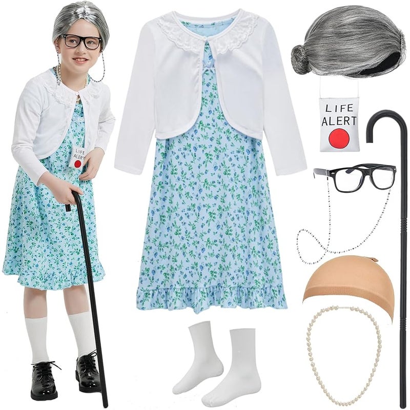 Z-Shop Old Lady Costume for Girls 100th Day of School Costume Grandma Granny Dress with Wig for Kids - Image 1