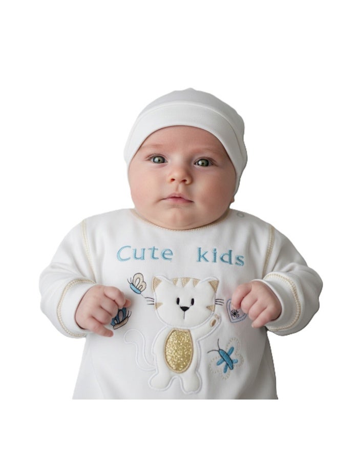 Egyptian Cotton 2 Piece White Jumpsuit and Ice Cap with Snaps, Embroidery Colors, Suitable for Newborn - Image 1