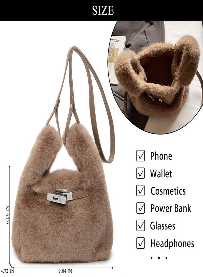 Extolove Furry Purse Mini Fluffy Tote Bag Designer Fuzzy Crossbody Handbag Faux Fur Purses for Women Plush Bags (Khaki) - Image 4