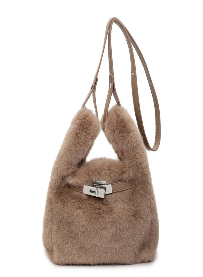Extolove Furry Purse Mini Fluffy Tote Bag Designer Fuzzy Crossbody Handbag Faux Fur Purses for Women Plush Bags (Khaki) - Image 1