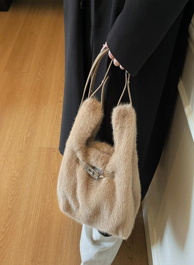 Extolove Furry Purse Mini Fluffy Tote Bag Designer Fuzzy Crossbody Handbag Faux Fur Purses for Women Plush Bags (Khaki) - Image 3