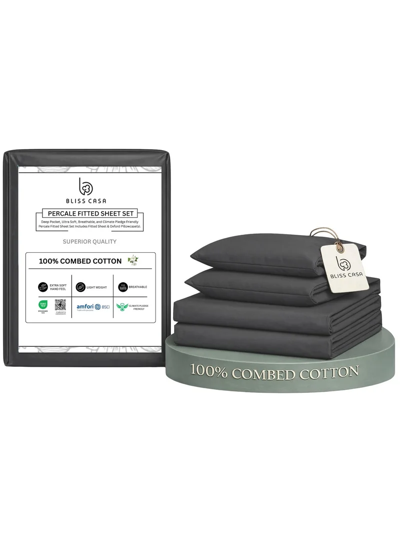 بليس كاسا طقم ملاءات سرير Bliss Casa Premium Percale - 100% قطن ممشط، مريح وجيد التهوية