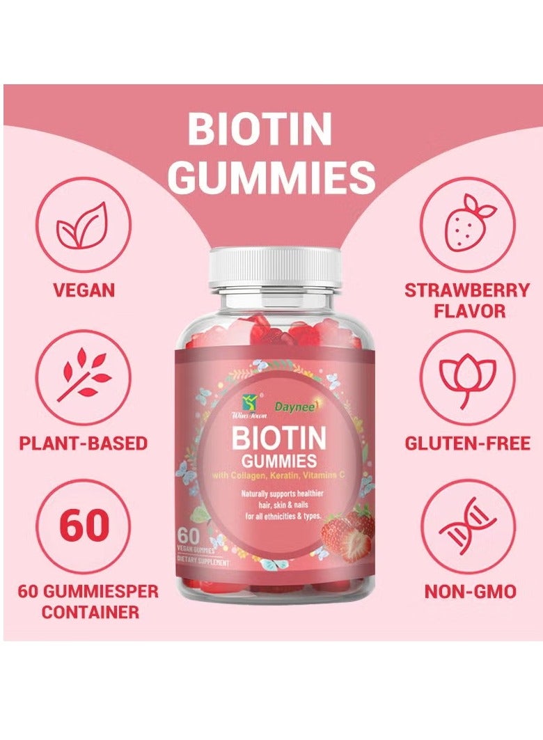 Biotin Gummies With Collagen Vitamins, Gluten Free Vegan Skin And Nails Care Supplements Vitamins, Non GMO Vitamin B And C Chewable Gummies For Healthy Hair, Skin, And Nails