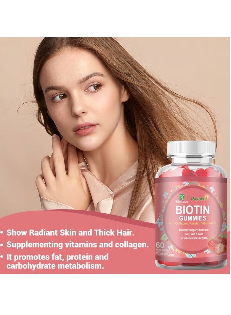 Biotin Gummies With Collagen Vitamins, Gluten Free Vegan Skin And Nails Care Supplements Vitamins, Non GMO Vitamin B And C Chewable Gummies For Healthy Hair, Skin, And Nails