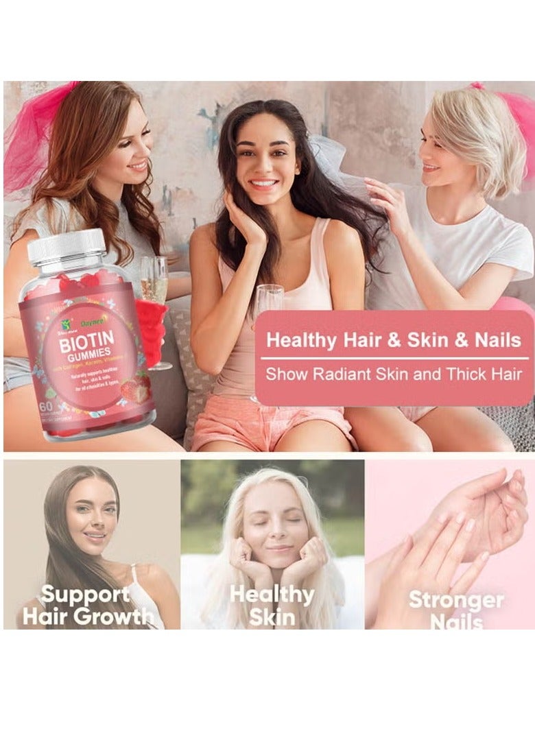 Biotin Gummies With Collagen Vitamins, Gluten Free Vegan Skin And Nails Care Supplements Vitamins, Non GMO Vitamin B And C Chewable Gummies For Healthy Hair, Skin, And Nails