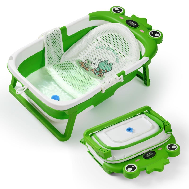 TBHAPY Baby Bathtub,Collapsible Baby Bath Tub with Soft Cushion & Thermometer, Space Saving Foldable & Travel Newborn Bathtub for Infant to Toddler 0-36 Months, Frog Green - Image 1