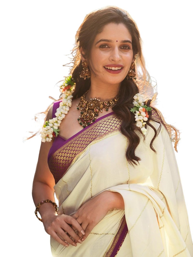 Satrani Women's Silk Weaving Kanjivaram Saree with Unstitched Blouse Piece (4181S114N_Cream & Purple) - Image 1