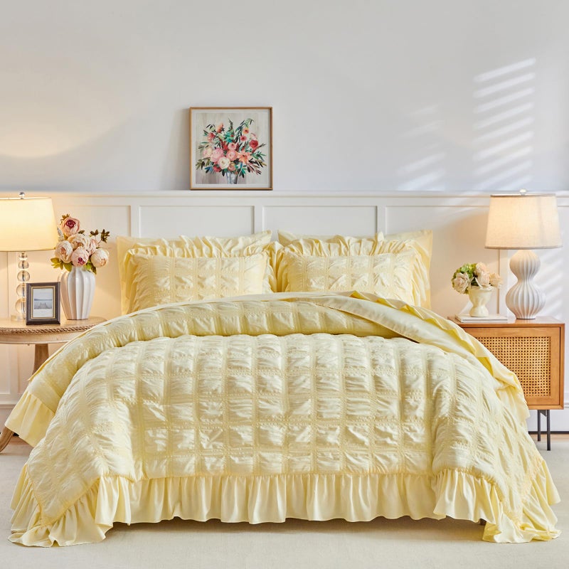Flysheep Yellow Plaid Seersucker Duvet Cover Set with Wide Ruffled Fringe Queen Size, 3 Pieces Soft Bedding Set for All Season, Queen Farmhouse Bed Set with Ruffle Shams (Yellow, Queen) - Image 2