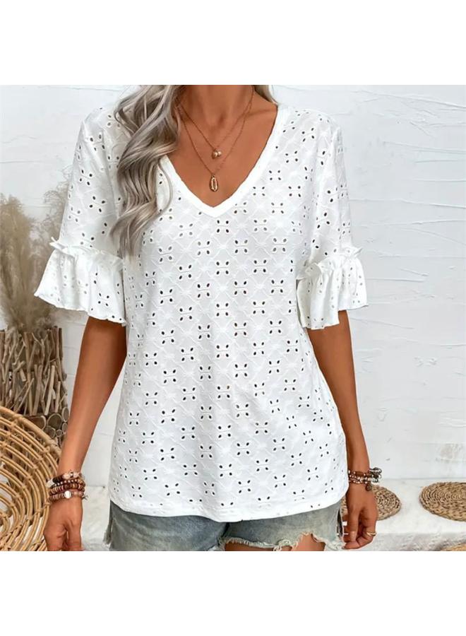 Women's Knitted Embroidery Hollow Ruffled V-neck Short Sleeve Jacket Women's T-shirt Women's Spring And Autumn A Generation Of Hair