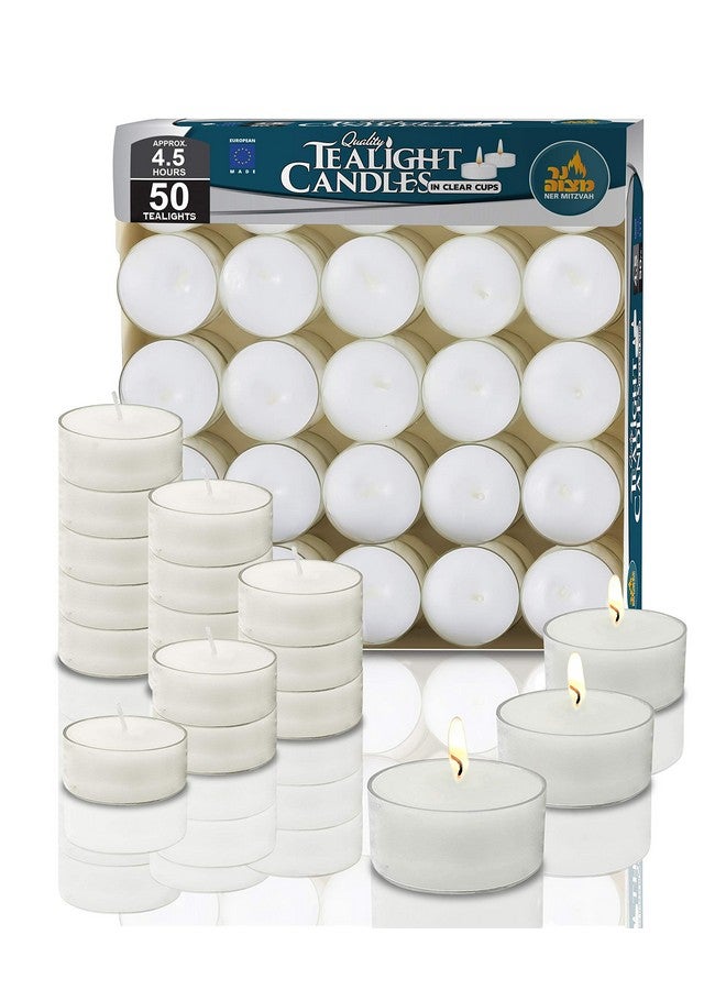 Ner Mitzvah Tea Light Candles - 50 Bulk Pack - White Unscented Tealight Candles in Clear Cup - Long Burning - 4.5 Hour - Image 1
