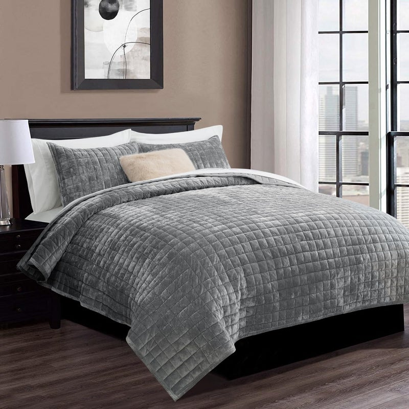 RECYCO Luxury Velvet Quilt Set King Size, Lightweight Velvet Comforter Set, Oversized Bedspread Coverlet Quilted Bedding Set, with 2 Matching Pillow Shams, for All Season, Gray - Image 2