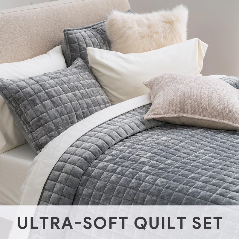 RECYCO Luxury Velvet Quilt Set King Size, Lightweight Velvet Comforter Set, Oversized Bedspread Coverlet Quilted Bedding Set, with 2 Matching Pillow Shams, for All Season, Gray - Image 5