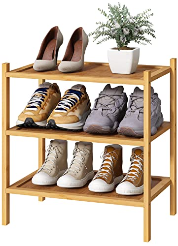 kiplant Small Shoe Rack Bamboo Wood Shoe Rack for Entryway Stackable  Foldable  Natural 3Tier Shoe Organizer for Hallway Closet Free Standing Shoe Racks for Indoor  Outdoor