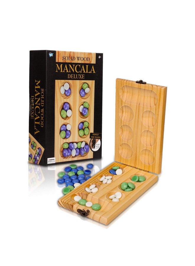 Point Games Solid Wood Deluxe Mancala - Folding Board Game w Metal Latch and Glass Marbles- Portable Strategy Travel Game - Recommended Ages 6+ - Image 1