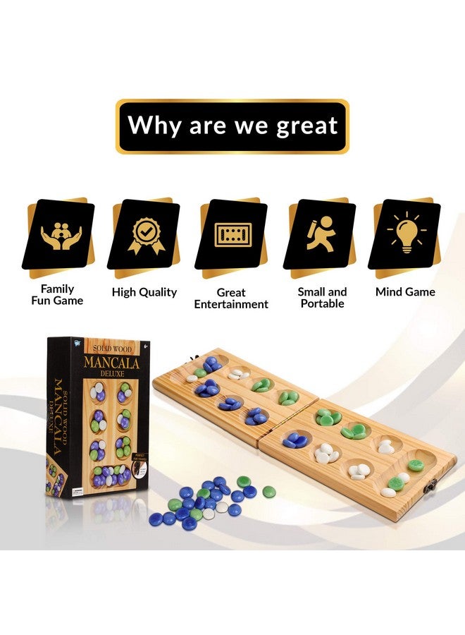Point Games Solid Wood Deluxe Mancala - Folding Board Game w Metal Latch and Glass Marbles- Portable Strategy Travel Game - Recommended Ages 6+ - Image 3