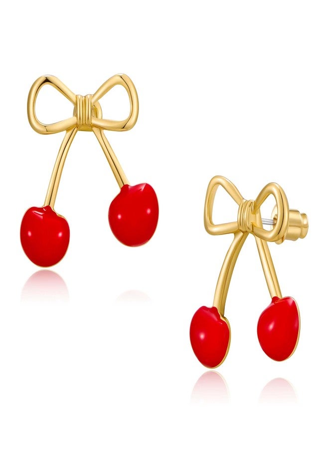 ليلي آند وايت أقراط مرصعة بالذهب من ليلي آند وايت للنساء، أقراط كلاسيكية على شكل فيونكة الكرز، مضادة للحساسية، أقراط لطيفة لعيد الميلاد، هدية مجوهرات - Image 1