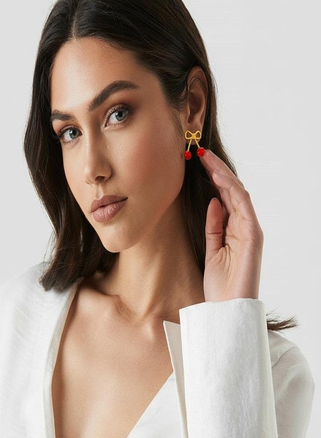 ليلي آند وايت أقراط مرصعة بالذهب من ليلي آند وايت للنساء، أقراط كلاسيكية على شكل فيونكة الكرز، مضادة للحساسية، أقراط لطيفة لعيد الميلاد، هدية مجوهرات - Image 3