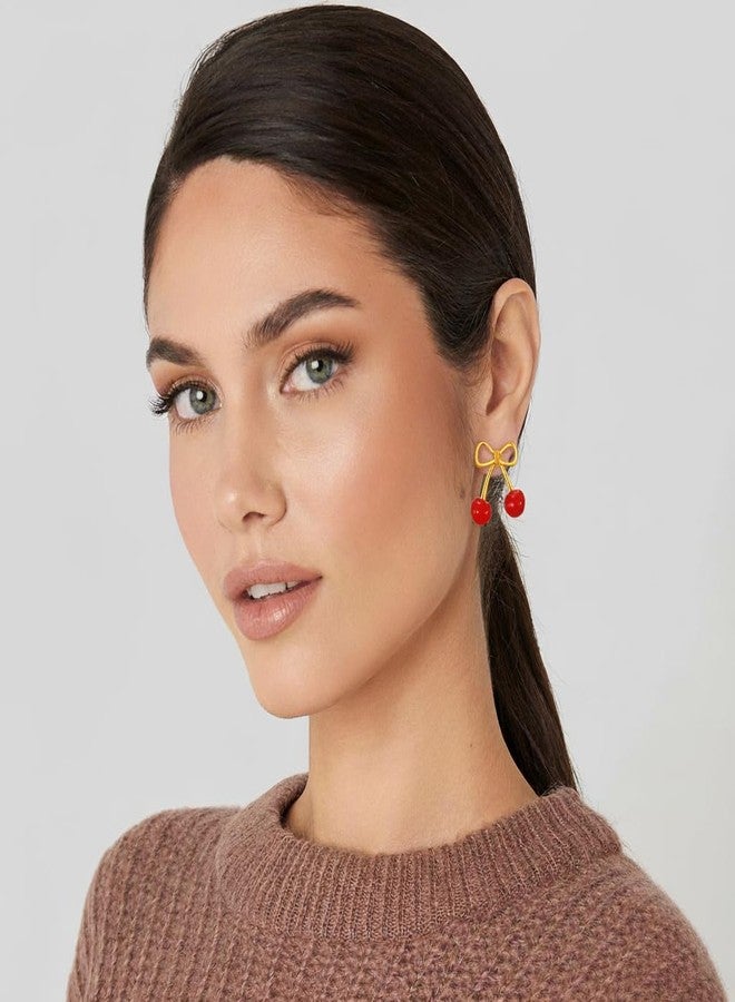 ليلي آند وايت أقراط مرصعة بالذهب من ليلي آند وايت للنساء، أقراط كلاسيكية على شكل فيونكة الكرز، مضادة للحساسية، أقراط لطيفة لعيد الميلاد، هدية مجوهرات - Image 2