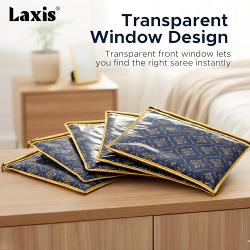 LAXIS® Non-Woven Single Saree Bags Transparent Saree Covers with Zip, Saree Covers for Storage, Wardrobe Organizer Saree Bags Size-36x42x2 CM (Golden Blue, Pack of 10) - Image 4