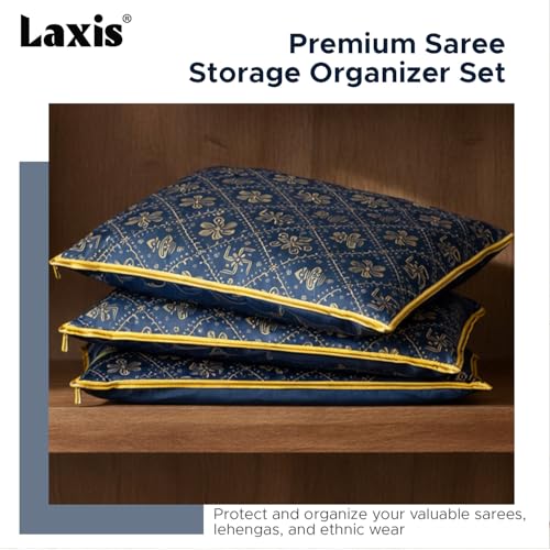 LAXIS® Non-Woven Single Saree Bags Transparent Saree Covers with Zip, Saree Covers for Storage, Wardrobe Organizer Saree Bags Size-36x42x2 CM (Golden Blue, Pack of 10) - Image 3
