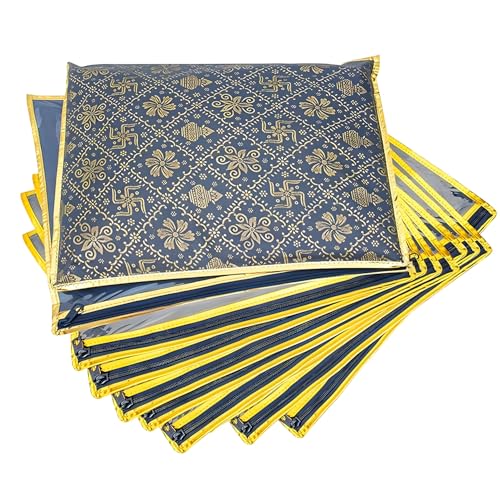 LAXIS® Non-Woven Single Saree Bags Transparent Saree Covers with Zip, Saree Covers for Storage, Wardrobe Organizer Saree Bags Size-36x42x2 CM (Golden Blue, Pack of 10) - Image 1